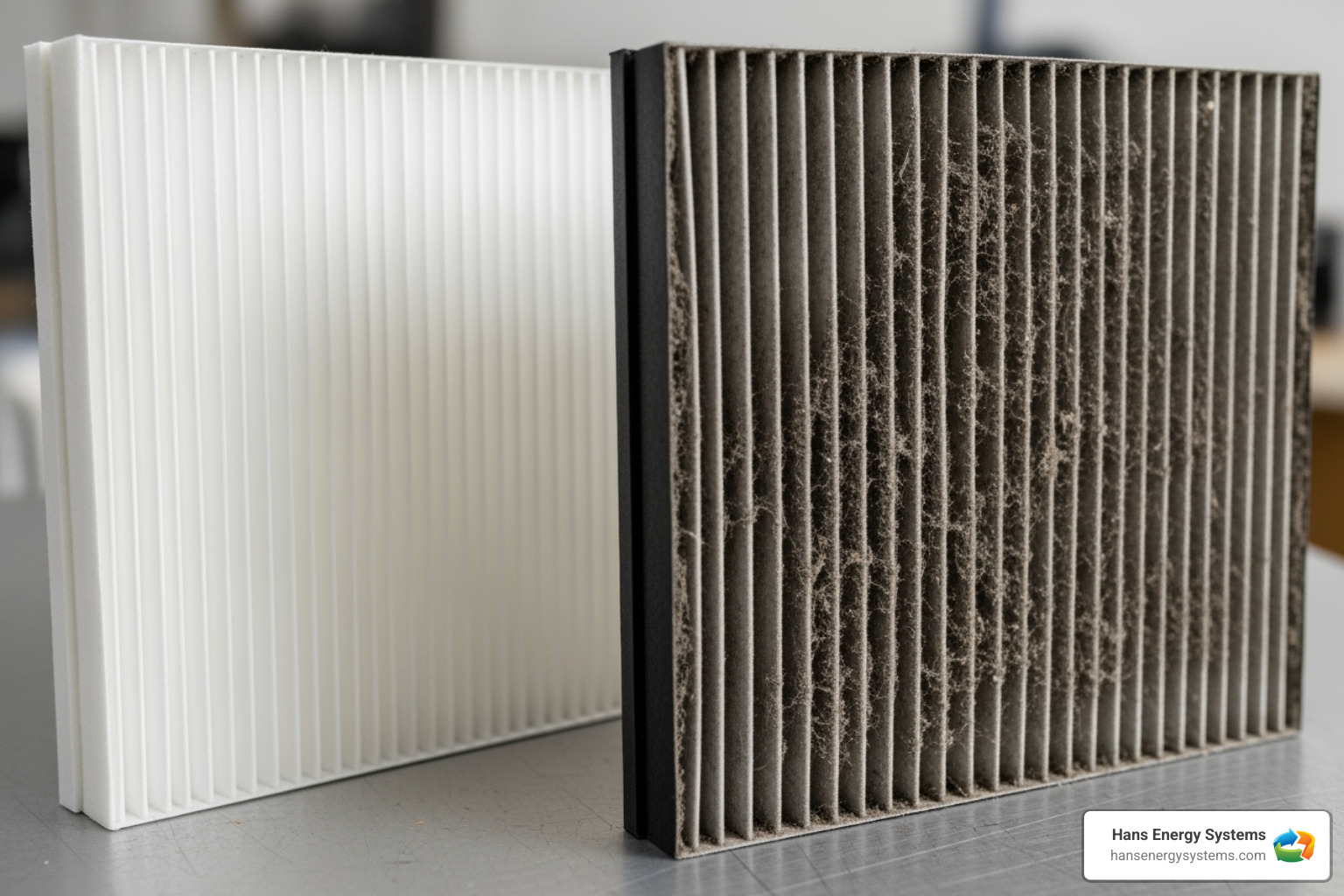 A clean furnace filter next to a dirty one - Furnace burning smell A clean furnace filter next to a dirty one - Furnace burning smell