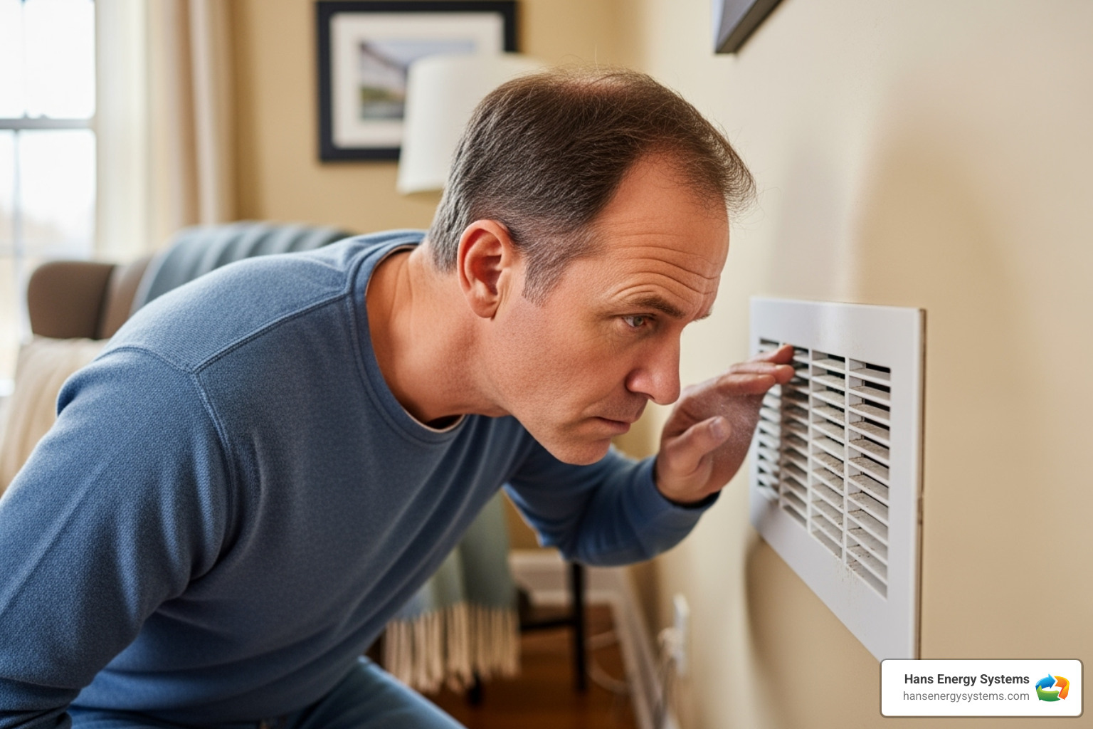 A homeowner cautiously sniffing air from a vent - Furnace burning smell A homeowner cautiously sniffing air from a vent - Furnace burning smell