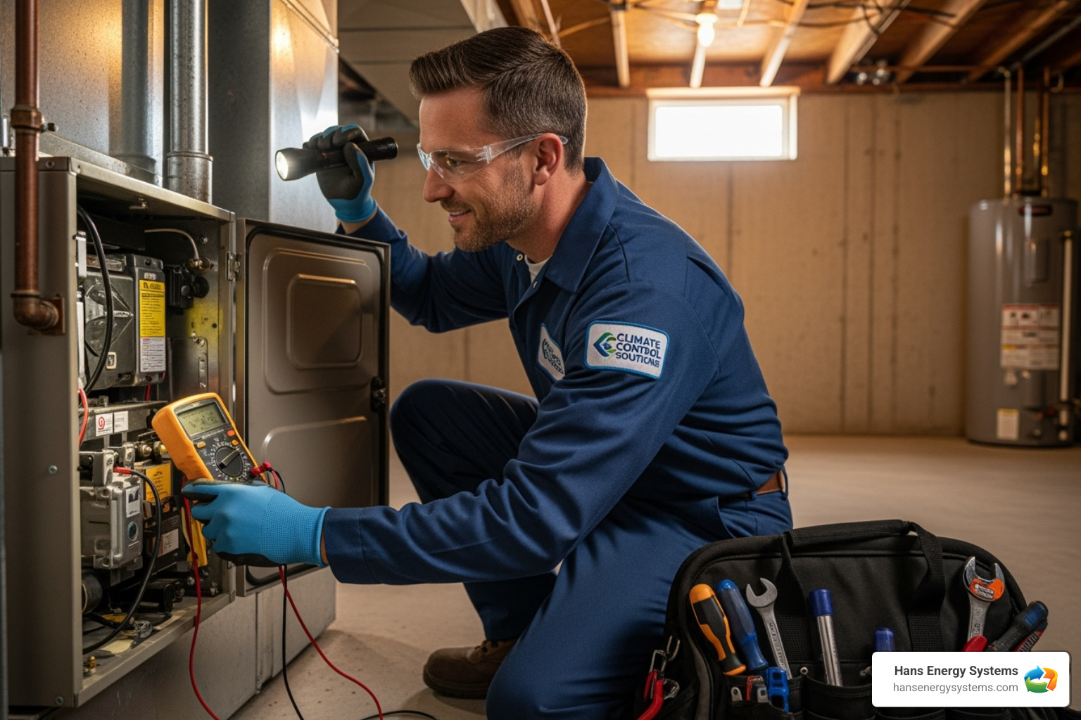 A friendly, professional HVAC technician inspecting a furnace - Furnace burning smell A friendly, professional HVAC technician inspecting a furnace - Furnace burning smell