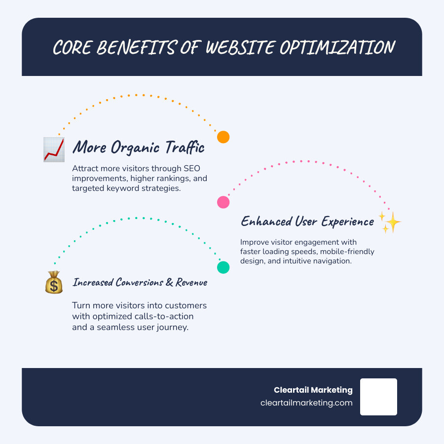 Infographic showing the core benefits of website optimization: increased organic traffic through SEO improvements, improved user experience through faster loading times and mobile optimization, and higher revenue through better conversion rates and lead generation - web optimization consultant infographic infographic-line-3-steps-blues-accent_colors