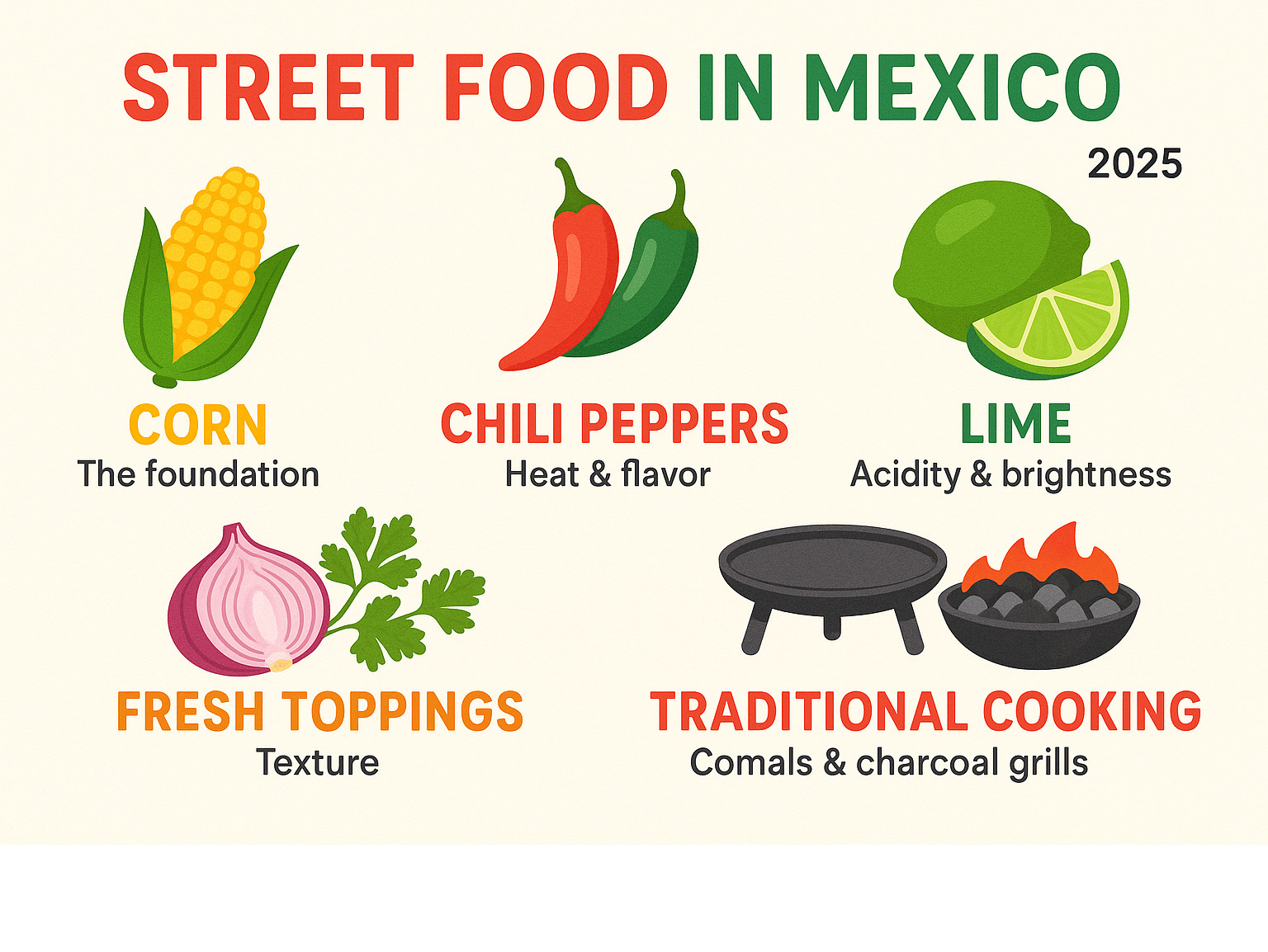 Infographic showing the essential components of Mexican street food: corn as the foundation, chili peppers for heat and flavor, lime for acidity and brightness, fresh toppings like onions and cilantro for texture, and traditional cooking methods like comals and charcoal grills - Street food in Mexico infographic 