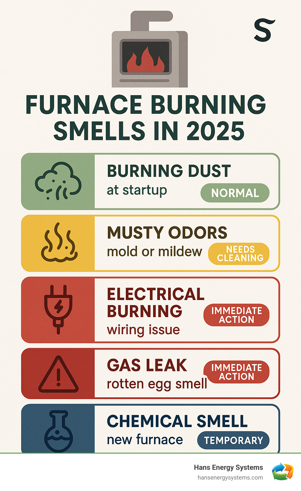 Infographic showing 5 common furnace smells with color-coded danger levels: green for normal dust burning smell, yellow for musty odors requiring cleaning, red for electrical burning and gas leak smells requiring immediate action, and blue for new furnace chemical smells that are temporary but need ventilation - Furnace burning smell infographic Infographic showing 5 common furnace smells with color-coded danger levels: green for normal dust burning smell, yellow for musty odors requiring cleaning, red for electrical burning and gas leak smells requiring immediate action, and blue for new furnace chemical smells that are temporary but need ventilation - Furnace burning smell infographic