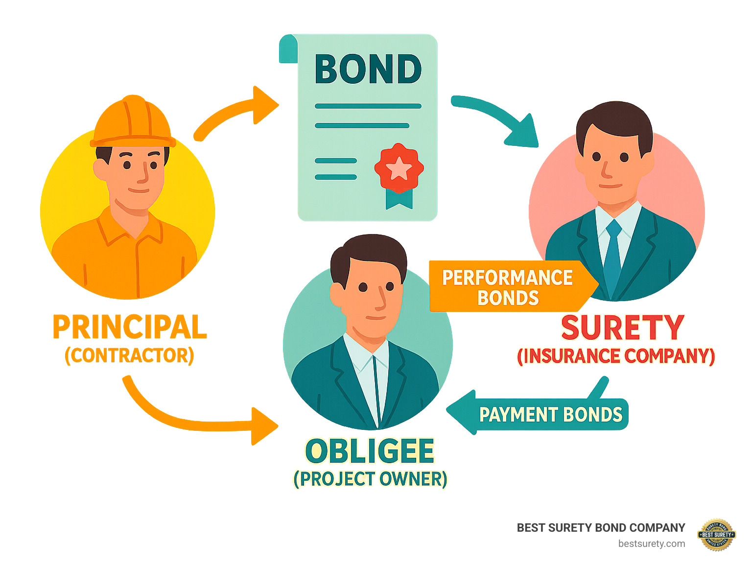 Infographic showing the three-party relationship in Texas payment and performance bonds: Principal (contractor) obtains bond from Surety (insurance company) to protect Obligee (project owner), with performance bonds guaranteeing project completion and payment bonds ensuring subcontractors and suppliers are paid - texas payment and performance bond infographic 