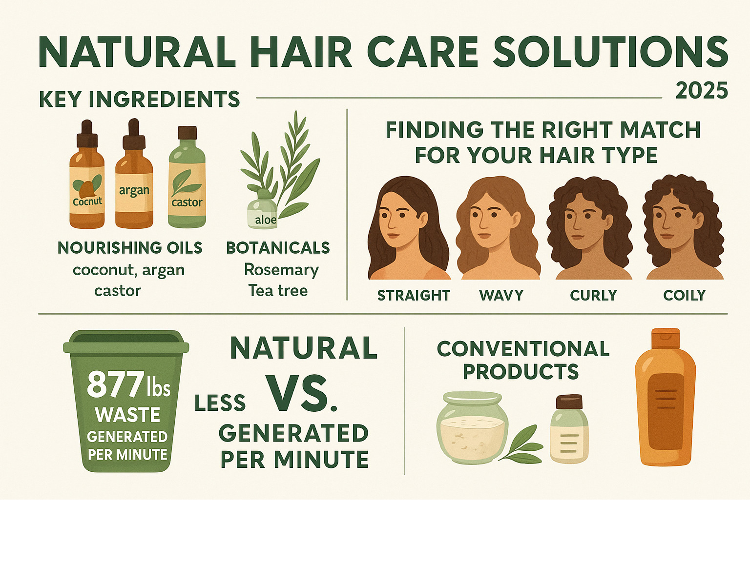 Comprehensive infographic showing the benefits of natural hair care solutions including ingredient categories (oils, botanicals, natural cleansers), hair type matching guide, and environmental impact statistics compared to conventional products - natural hair care solutions infographic 