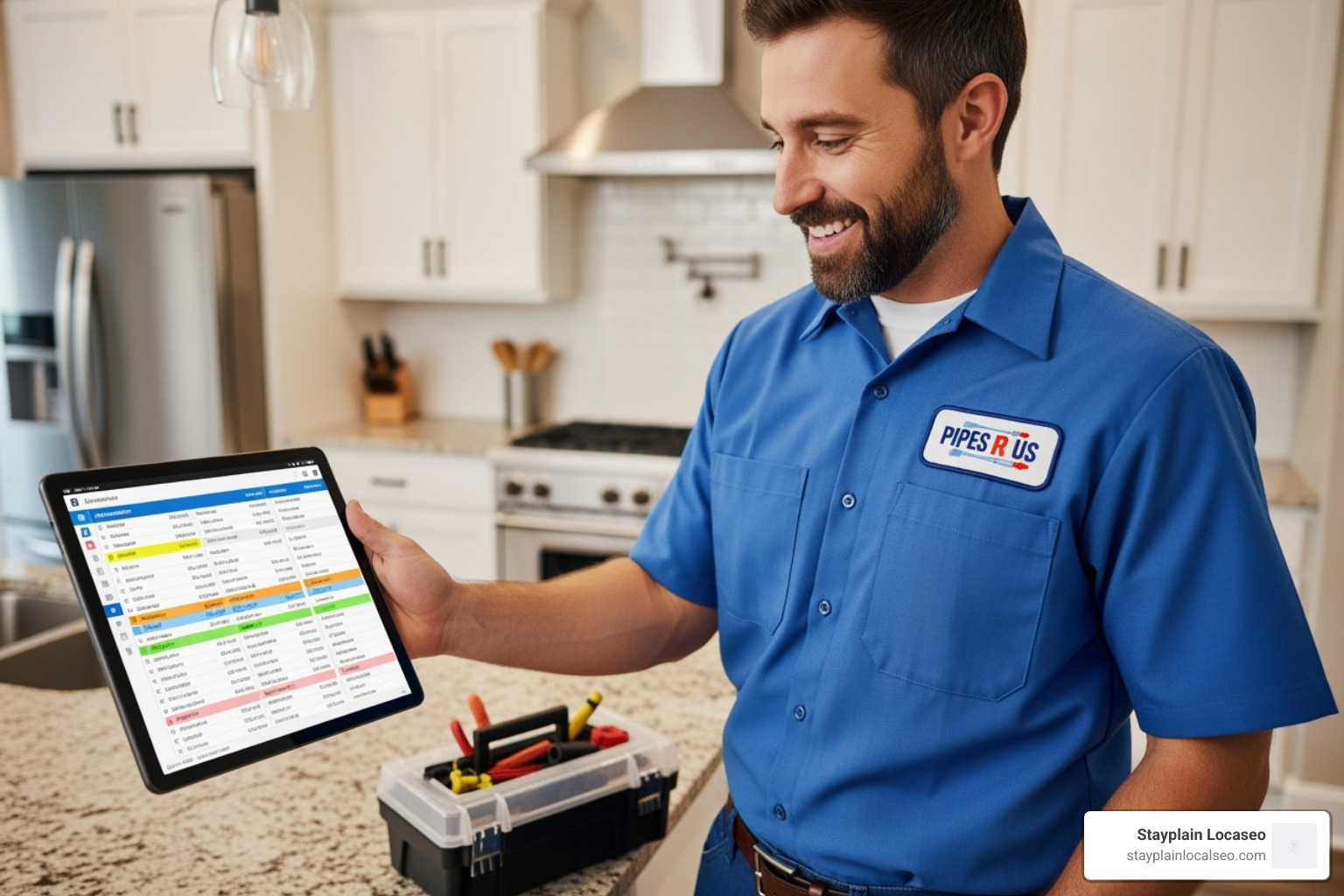 smiling plumber looking at a full schedule on a tablet - plumber seo company