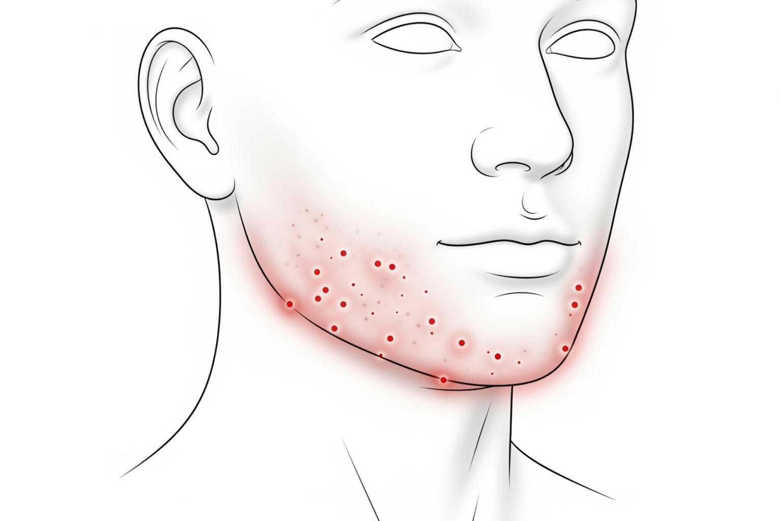 An illustration of a face highlighting the jawline, chin, and neck areas as common locations for hormonal acne, with small dots indicating breakouts. - Holistic acne treatment