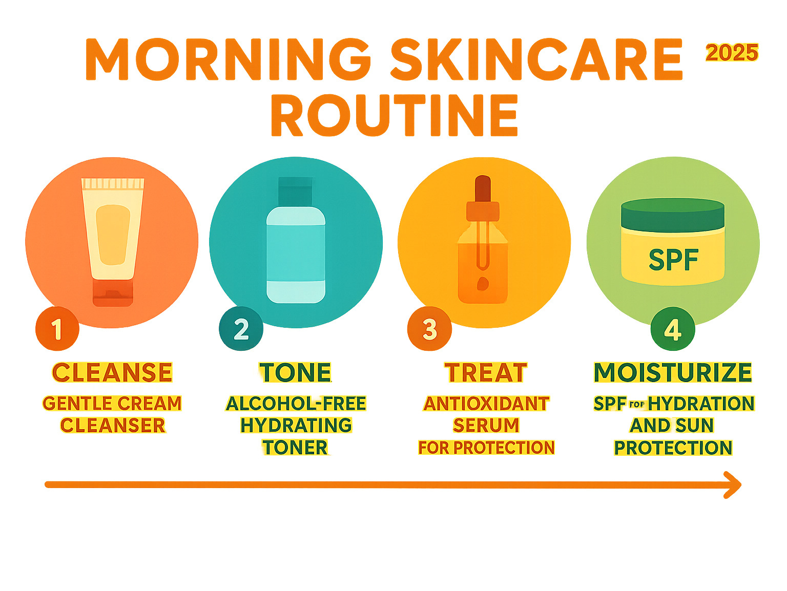 Infographic showing the four essential morning skincare steps: Cleanse with gentle cream cleanser, Tone with alcohol-free hydrating toner, Treat with antioxidant serum for protection, and Moisturize with SPF for hydration and sun protection, displayed in order from thinnest to thickest application - Morning skincare routine infographic 