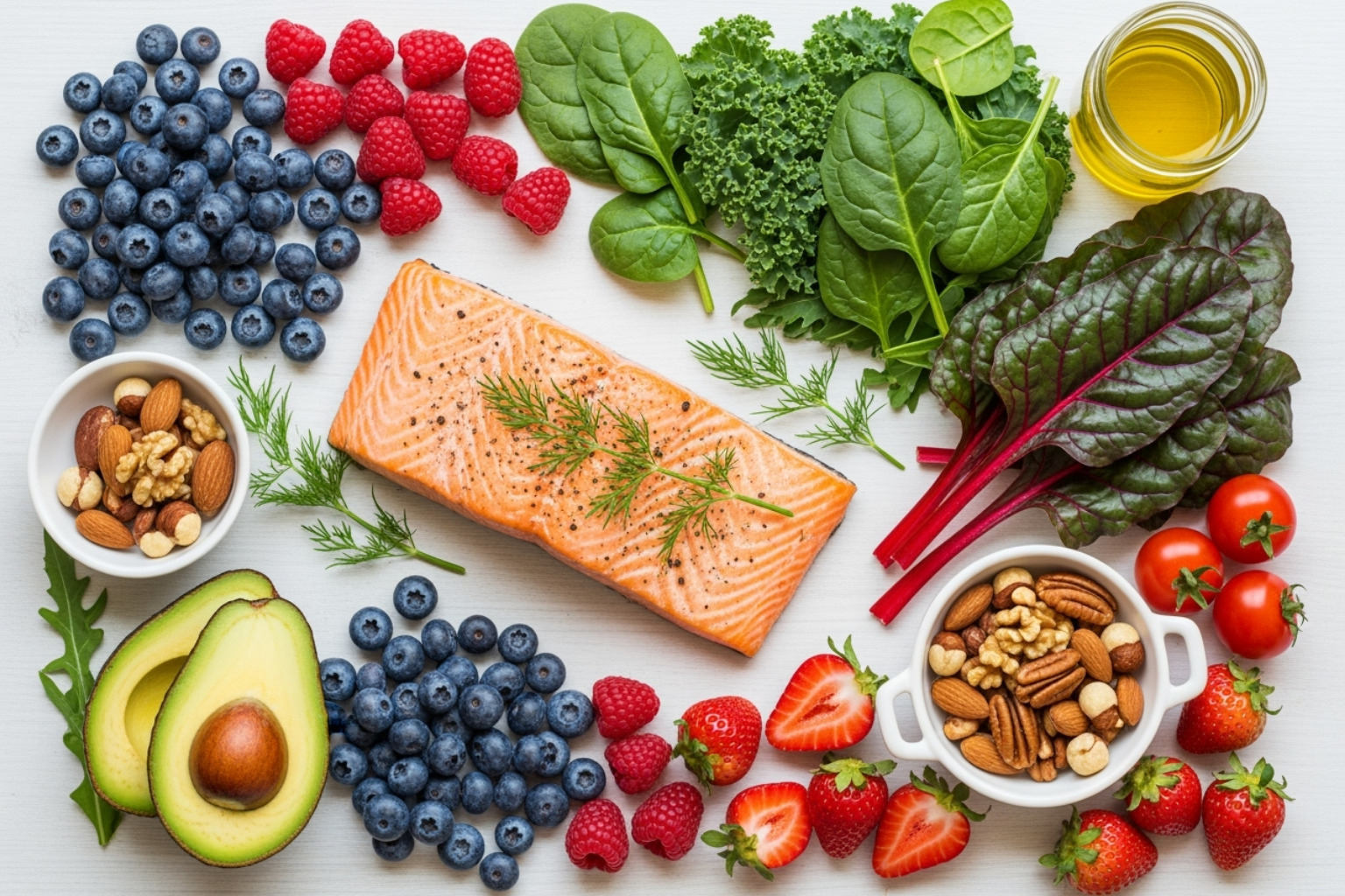 A vibrant flat lay of anti-inflammatory foods including berries, leafy greens, salmon, and nuts, arranged aesthetically on a light background. - Holistic acne treatment
