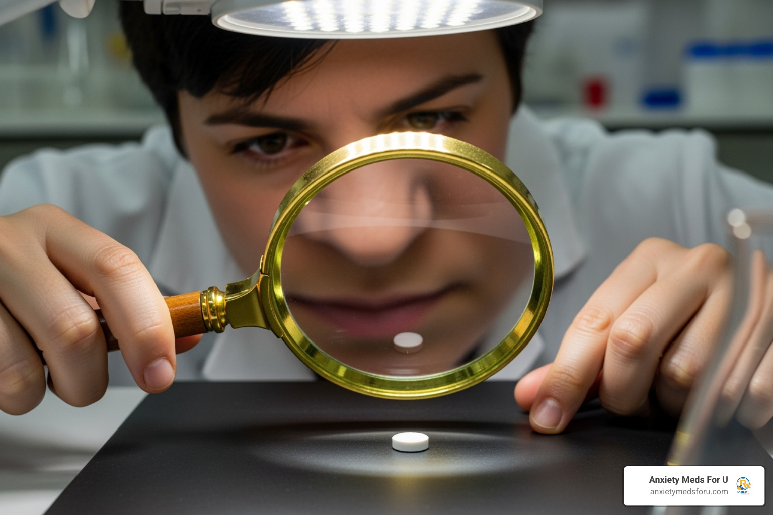 a person looking at a pill with a magnifying glass - an627 pill