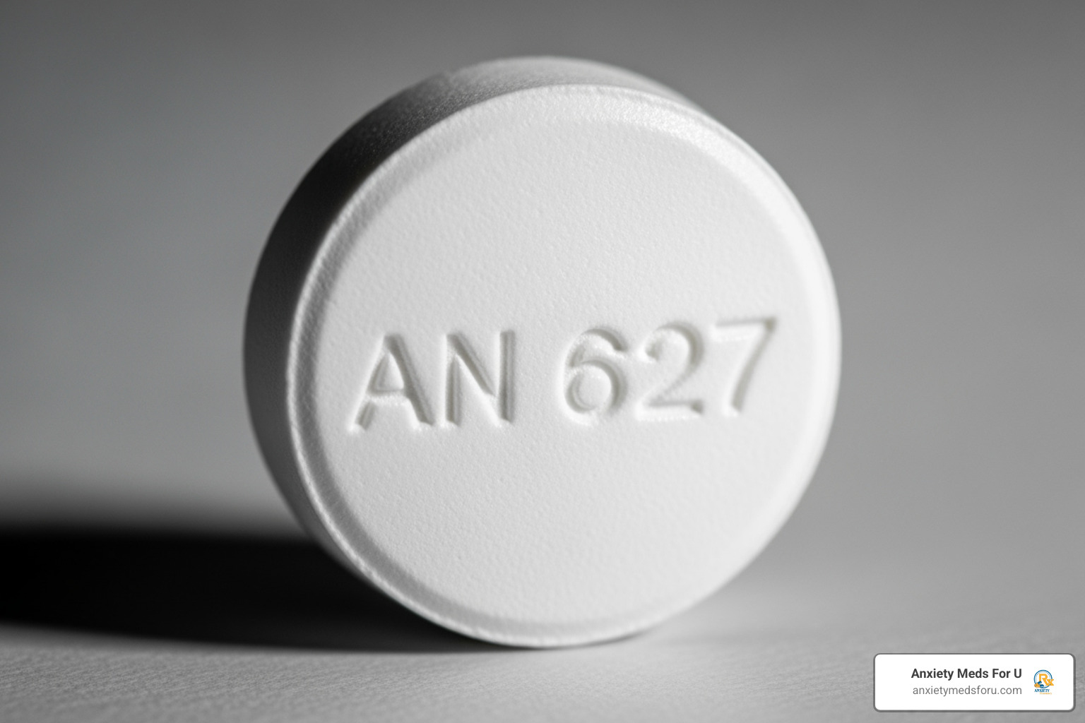 a white, round pill with "AN 627" clearly visible - an627 pill