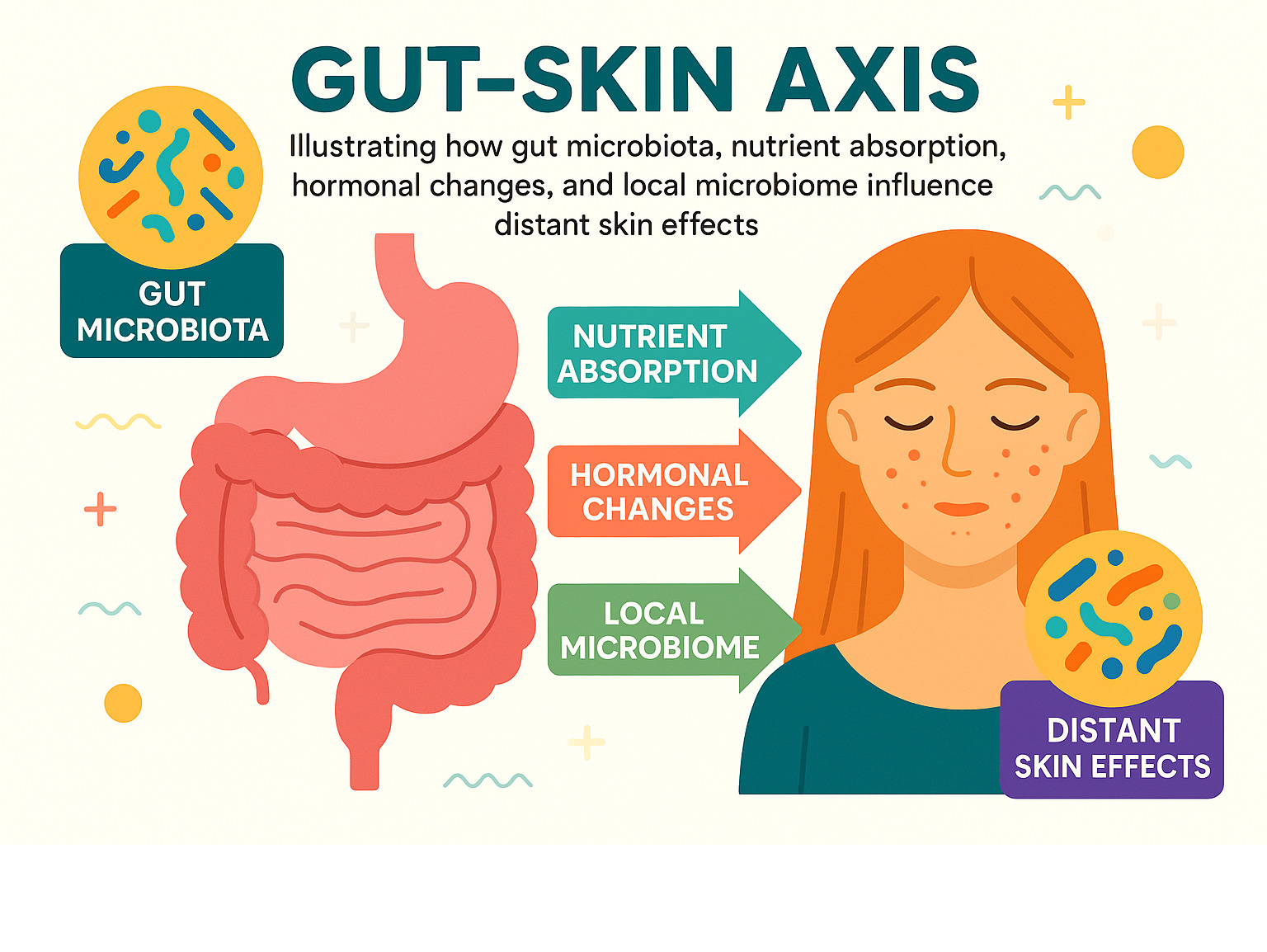 Infographic showing the gut-skin axis, illustrating how gut microbiota, nutrient absorption, hormonal changes, and local microbiome influence distant skin effects. - Holistic acne treatment infographic 