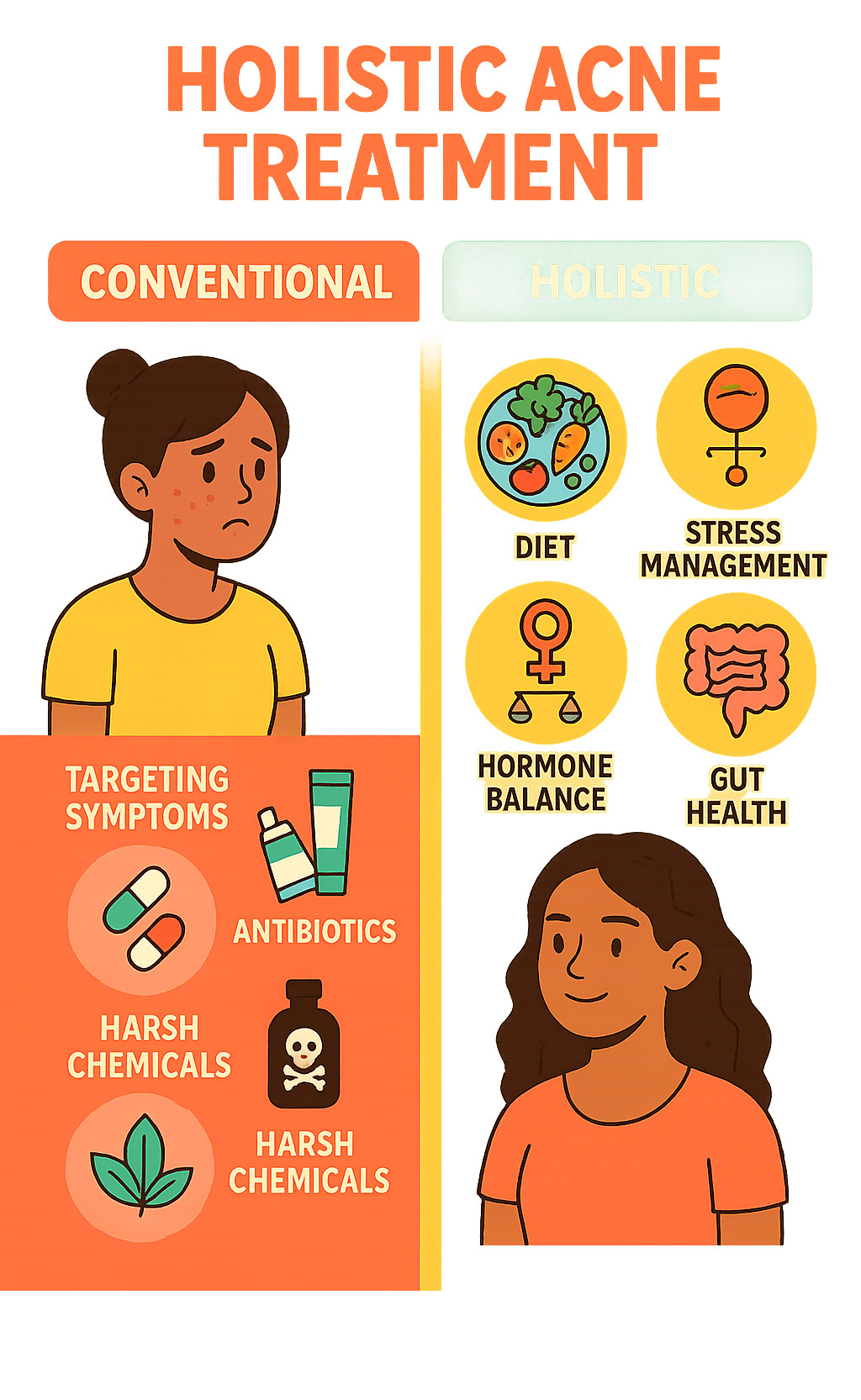 Infographic showing the difference between conventional acne treatment (targeting symptoms with topical medications, antibiotics, and harsh chemicals) versus holistic acne treatment (addressing root causes through diet optimization, stress management, hormone balance, gut health support, and natural skincare) - Holistic acne treatment infographic 
