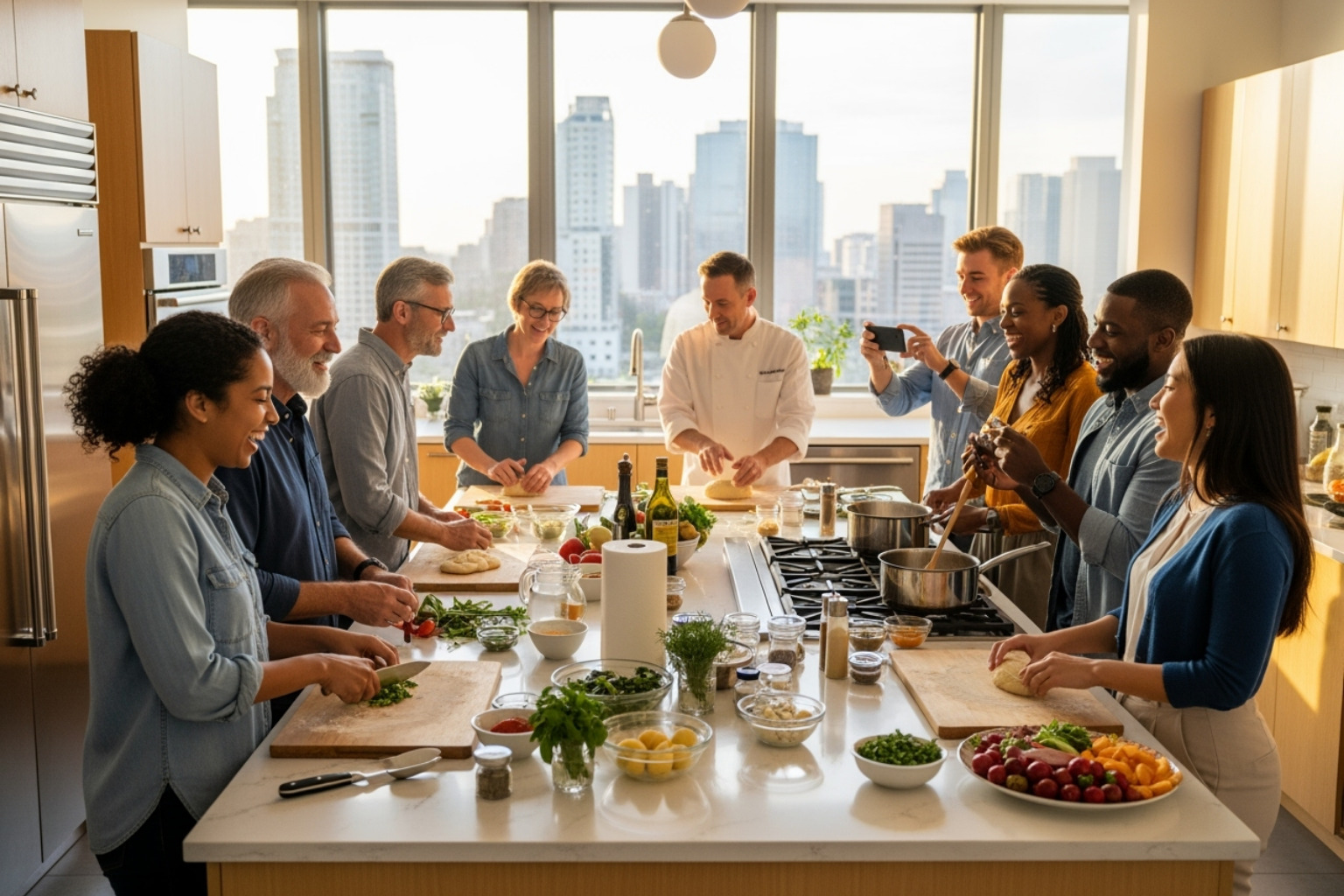 diverse travelers enjoying a cooking class or food tour - food tourism trends