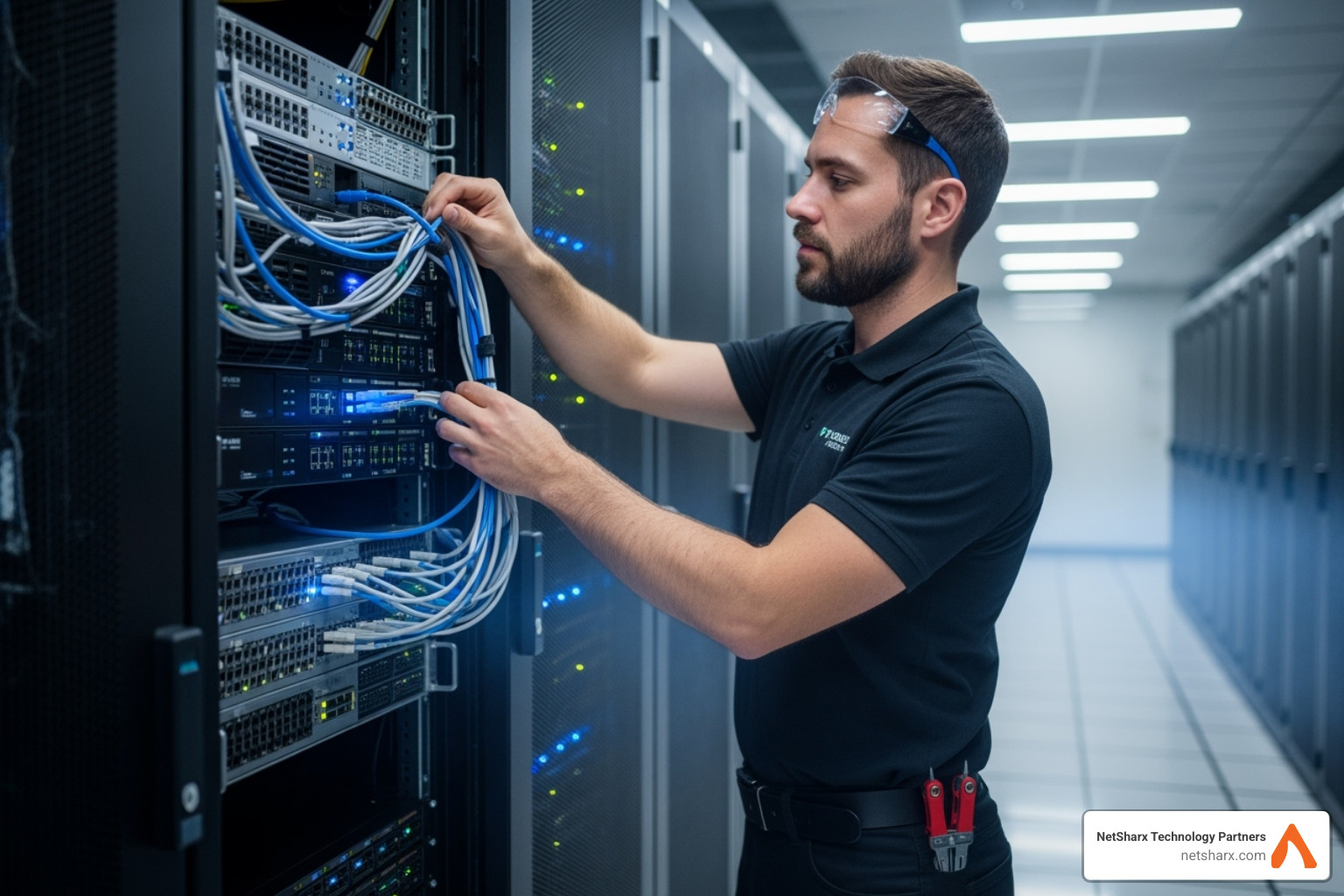 consultant working on a network server rack - it support consultant