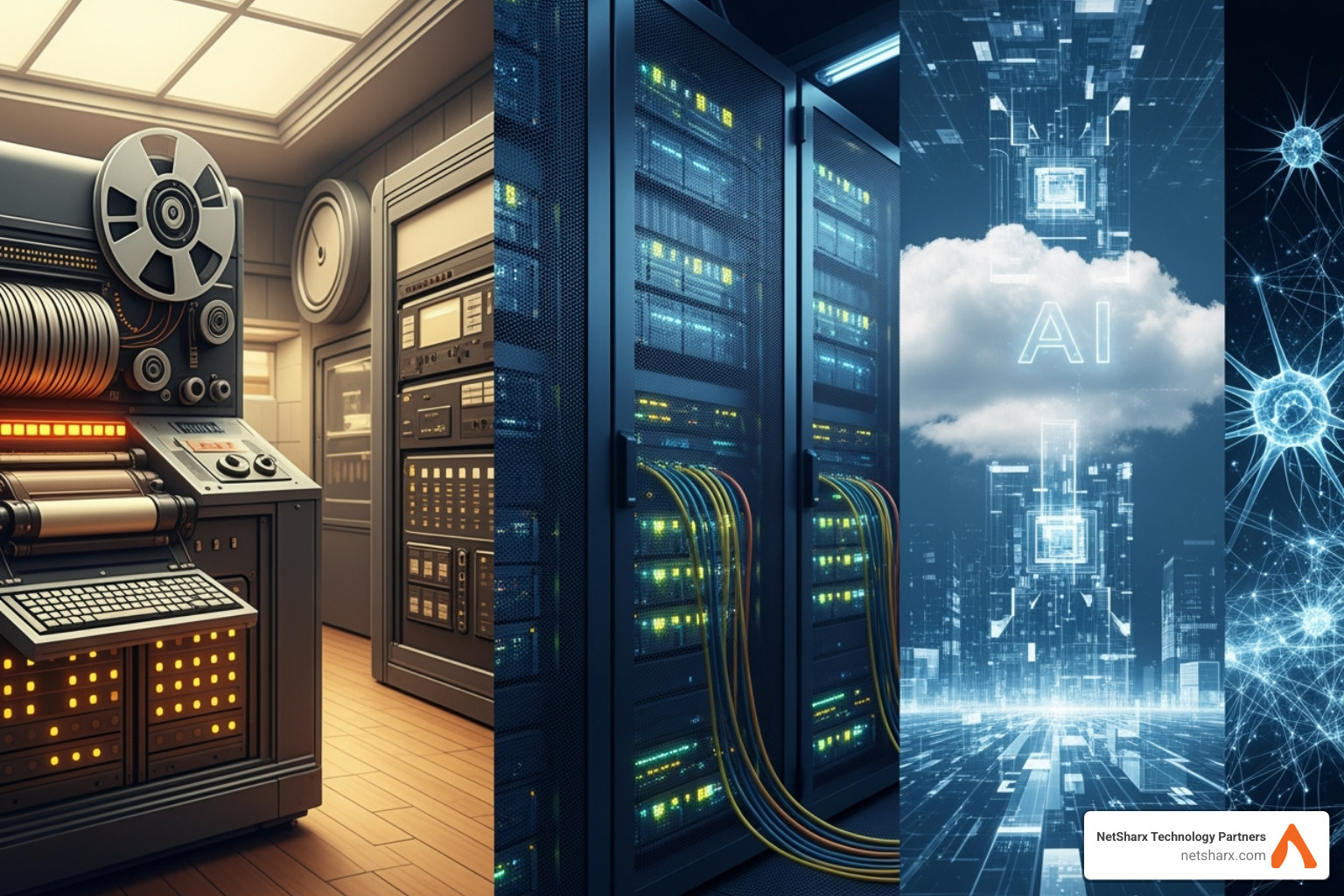 timeline showing the evolution of IT support from mainframes to cloud AI - it support consultant