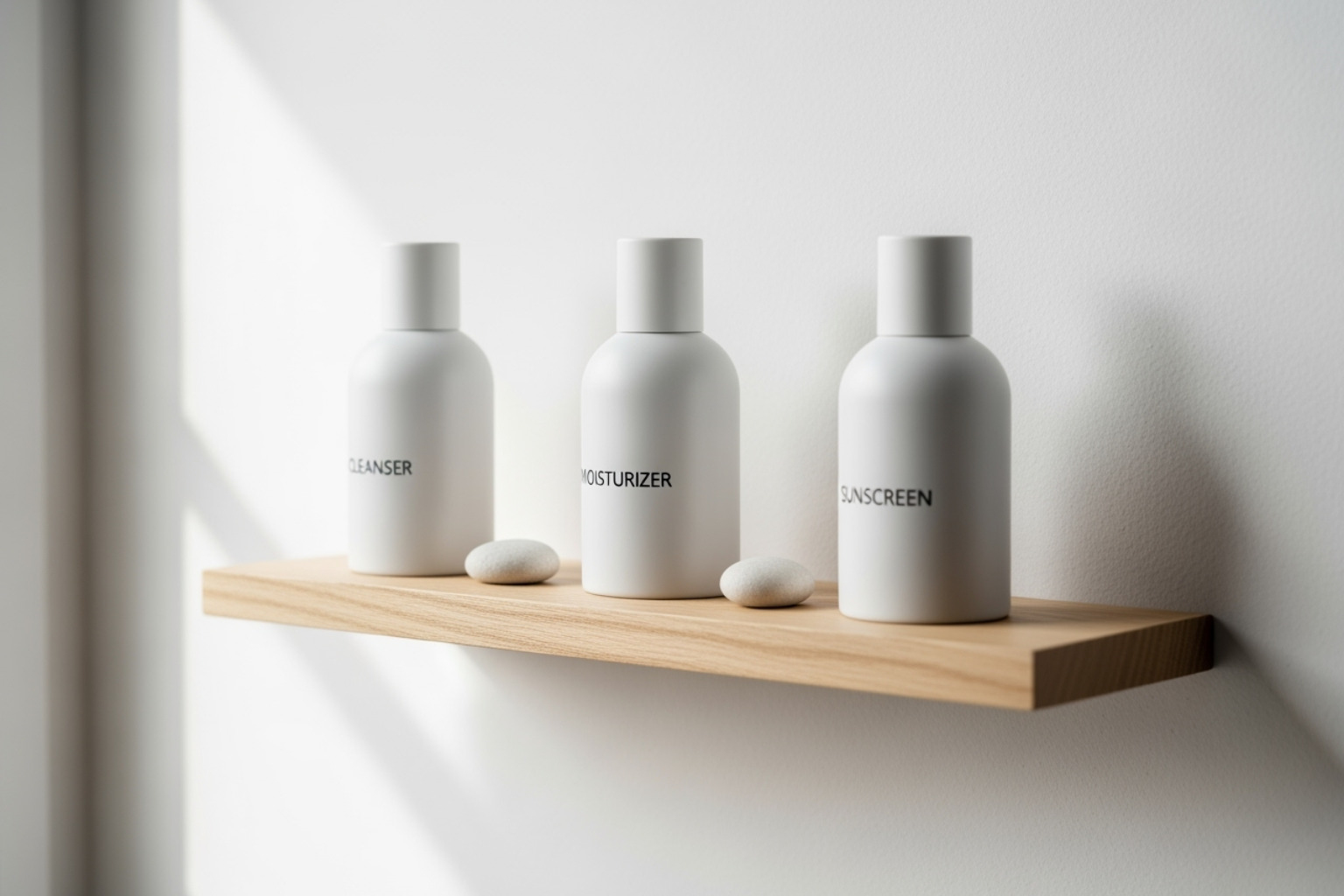 Minimalist skincare shelf with cleanser, moisturizer, and sunscreen for skin fasting. - skin fasting benefits