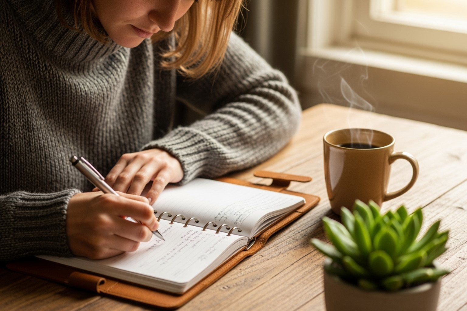 A person is sitting at a wooden table, calmly writing in a planner or journal, with a warm cup of coffee and a small plant nearby, symbolizing intentional planning for well-being. - personal self care