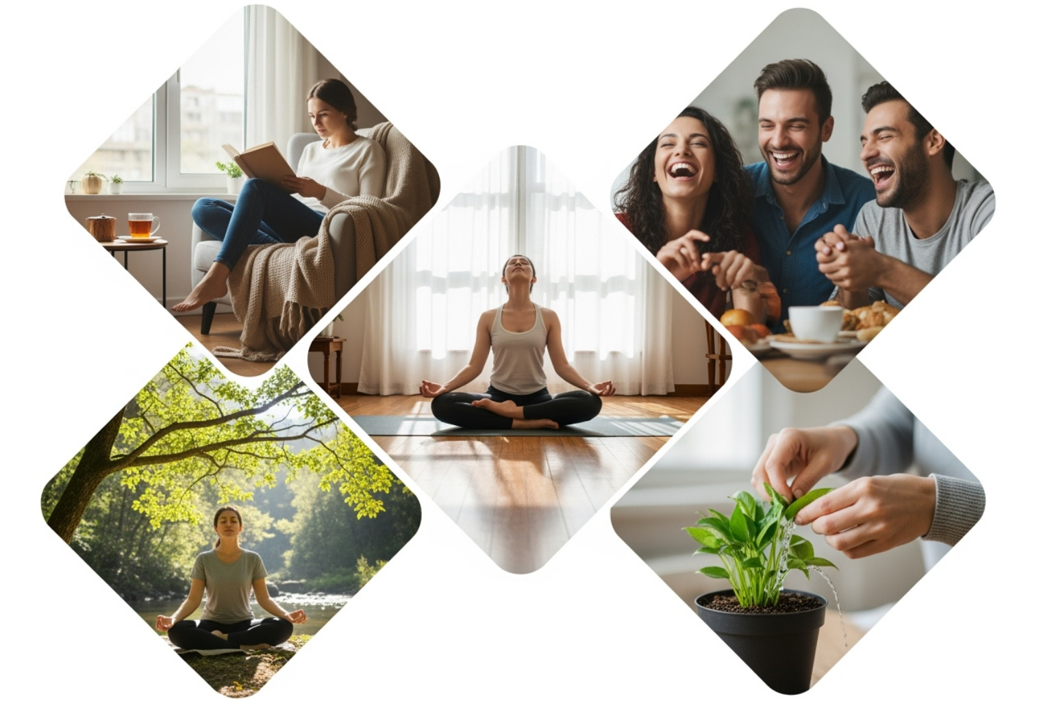 A vibrant collage representing various self-care activities, including a person doing yoga, someone reading a book in a cozy setting, friends laughing together, a person meditating in nature, and a hand tending to a plant, all symbolizing a holistic approach to well-being. - personal self care