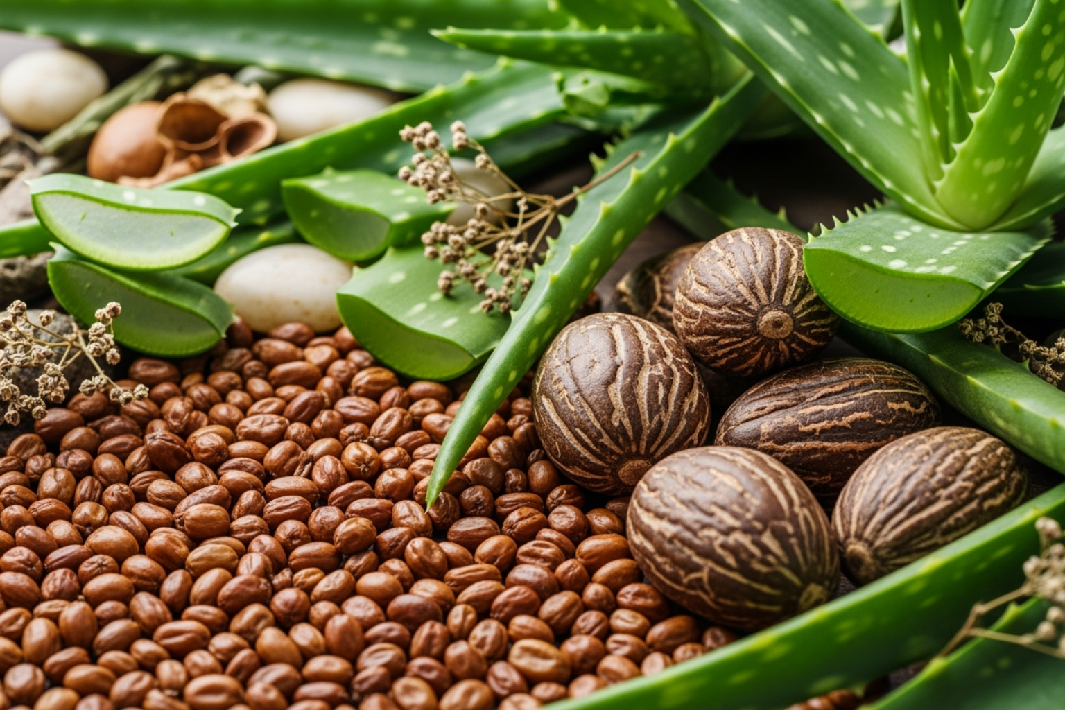 Natural ingredients like jojoba seeds, shea nuts, and aloe vera plants, featured in Beyond Beauty Lab products. - clean makeup ingredients