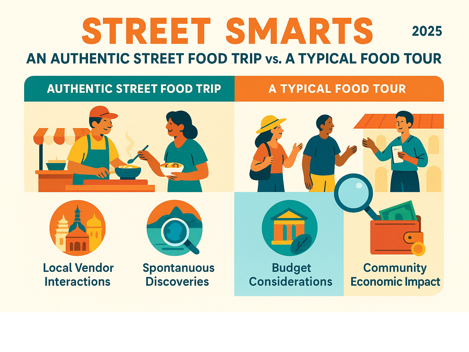 Infographic explaining the key elements of an authentic street food trip vs. a typical food tour, highlighting elements like local vendor interactions, spontaneous findies, cultural immersion, budget considerations, and community economic impact - Street food trips infographic 