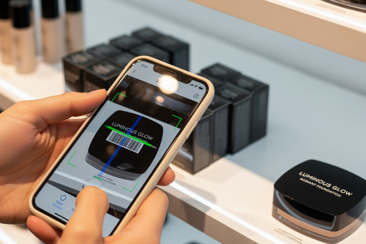 Person using a smartphone to scan a Beyond Beauty Lab makeup product's barcode in a store. - clean makeup ingredients