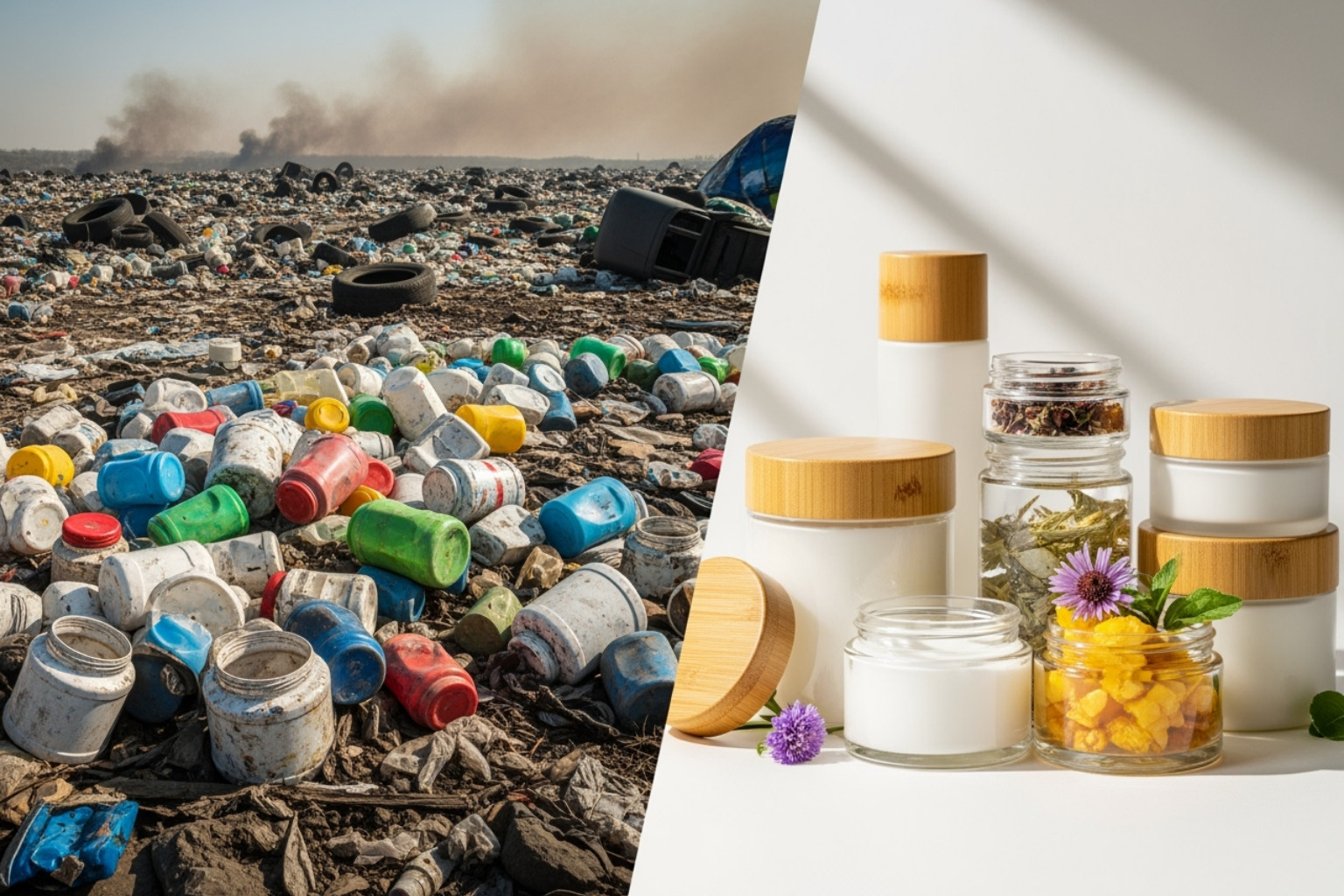 Plastic beauty containers in a landfill contrasted with beautiful glass and bamboo jars - eco friendly face cream