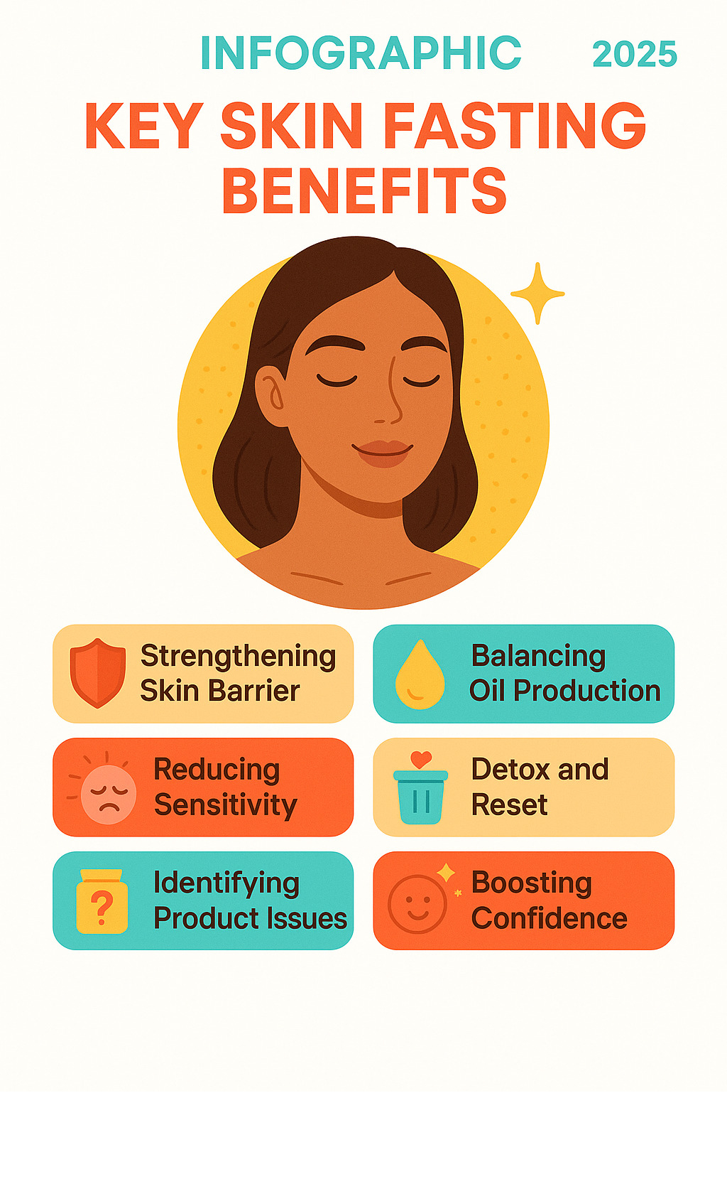 Infographic: Key Skin Fasting Benefits - Strengthening skin barrier, balancing oil production, reducing sensitivity, detox and reset, identifying product issues, boosting confidence. - skin fasting benefits infographic 