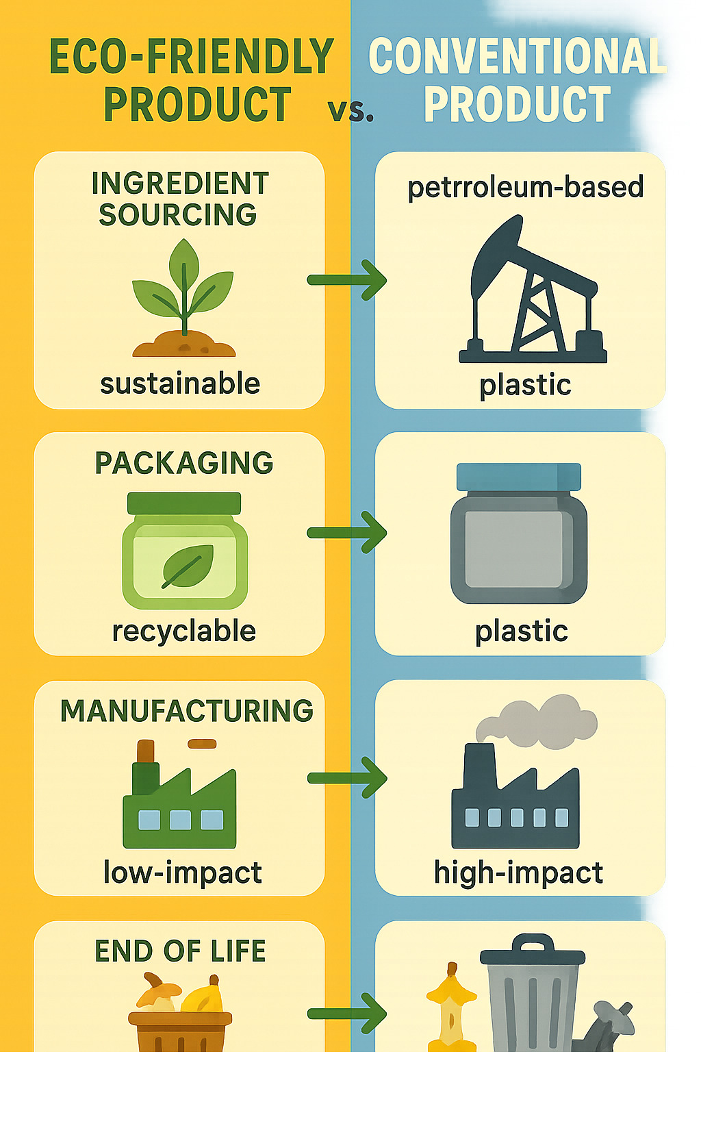 Infographic explaining the lifecycle of an eco-friendly product versus a conventional one, highlighting ingredient sourcing, packaging materials, manufacturing processes, and end-of-life disposal methods to illustrate their environmental impact - eco friendly face cream infographic 