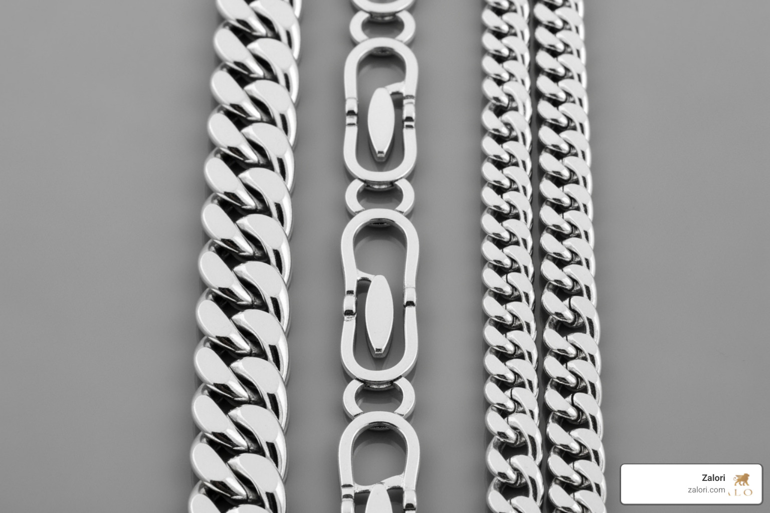 Cuban, Figaro, and Curb chains side-by-side - thick silver chain Cuban, Figaro, and Curb chains side-by-side - thick silver chain
