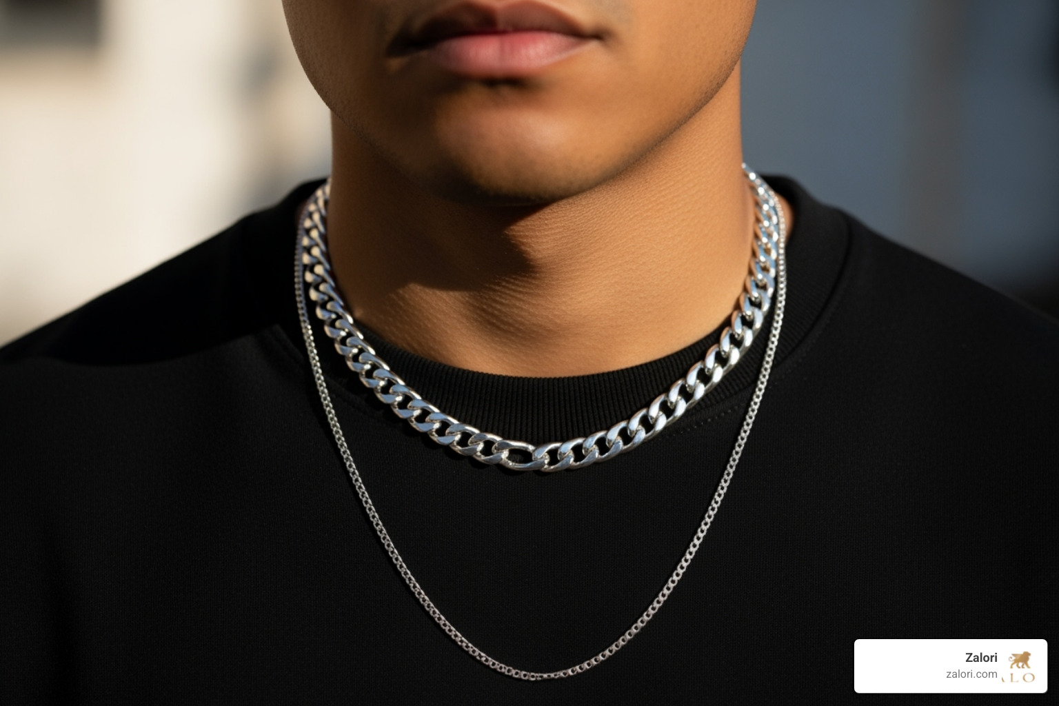 Man layering thick and thin silver chains - thick silver chain Man layering thick and thin silver chains - thick silver chain