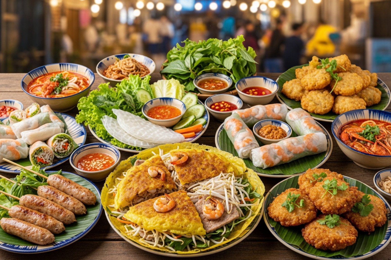 colorful spread of various Can Tho street food dishes - can tho street food tour
