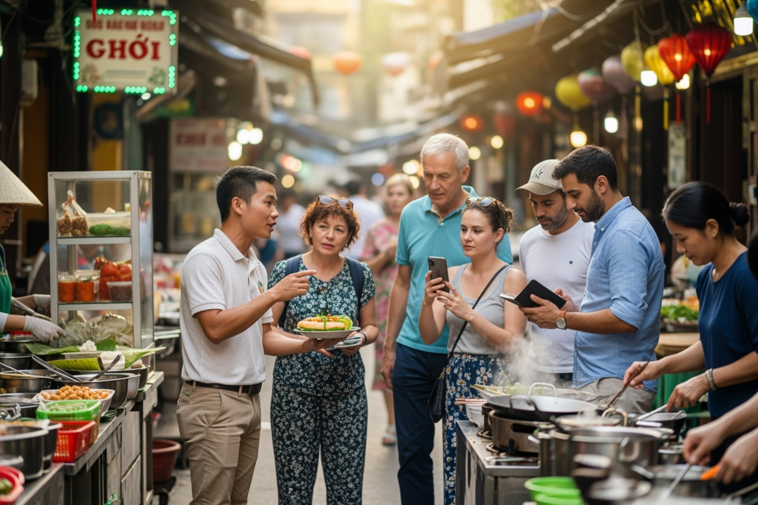 friendly local guide explaining a dish to a group of tourists - can tho street food tour