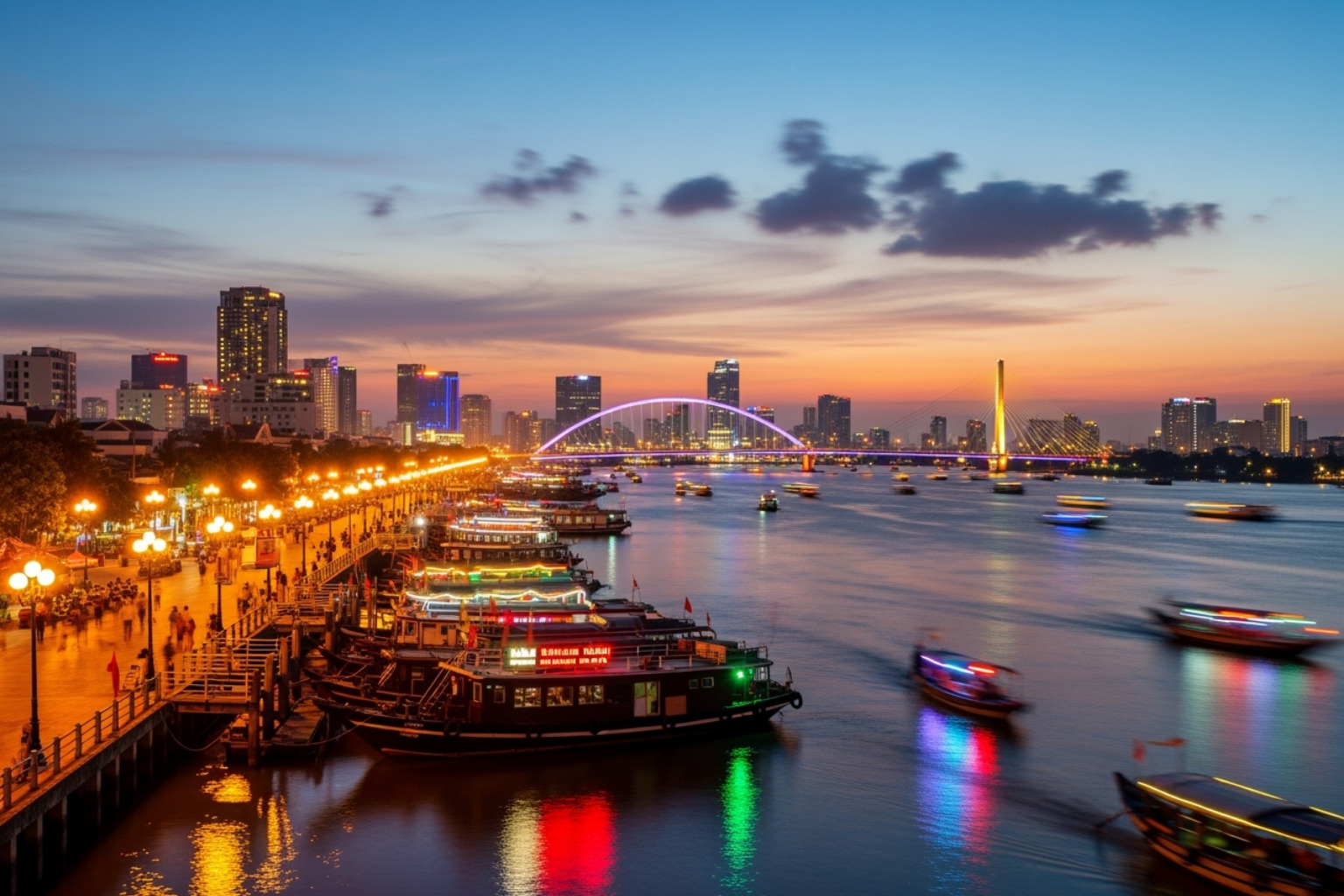 Ninh Kieu Wharf at dusk - can tho street food tour