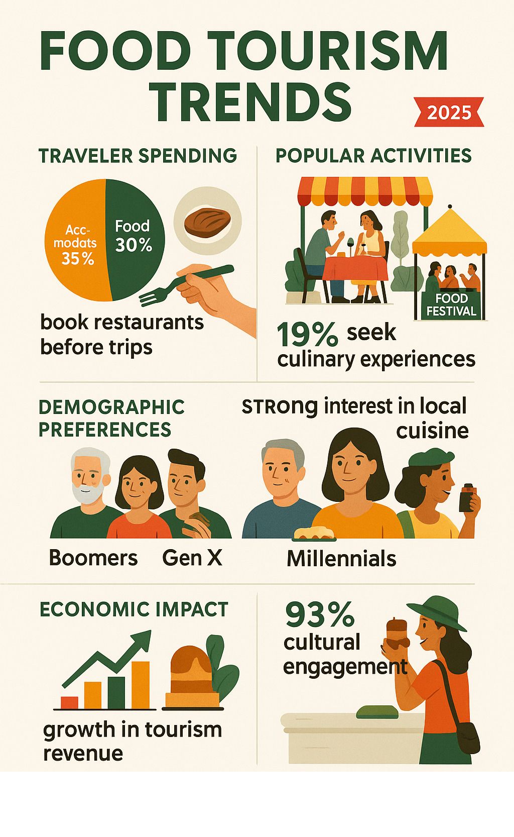 Comprehensive overview of food tourism trends showing traveler spending patterns, popular activities like local restaurants and food festivals, demographic preferences across generations, and the economic impact on destinations with statistics on budget allocation and cultural engagement - food tourism trends infographic 