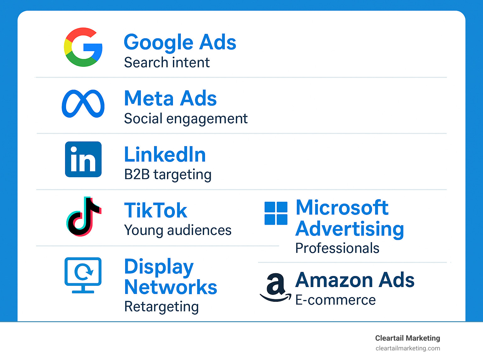 Comprehensive comparison of online advertising platforms showing Google Ads for search intent, Meta Ads for social engagement, LinkedIn for B2B targeting, TikTok for young audiences, Microsoft Advertising for professionals, display networks for retargeting, and Amazon Ads for e-commerce - best online advertising infographic 