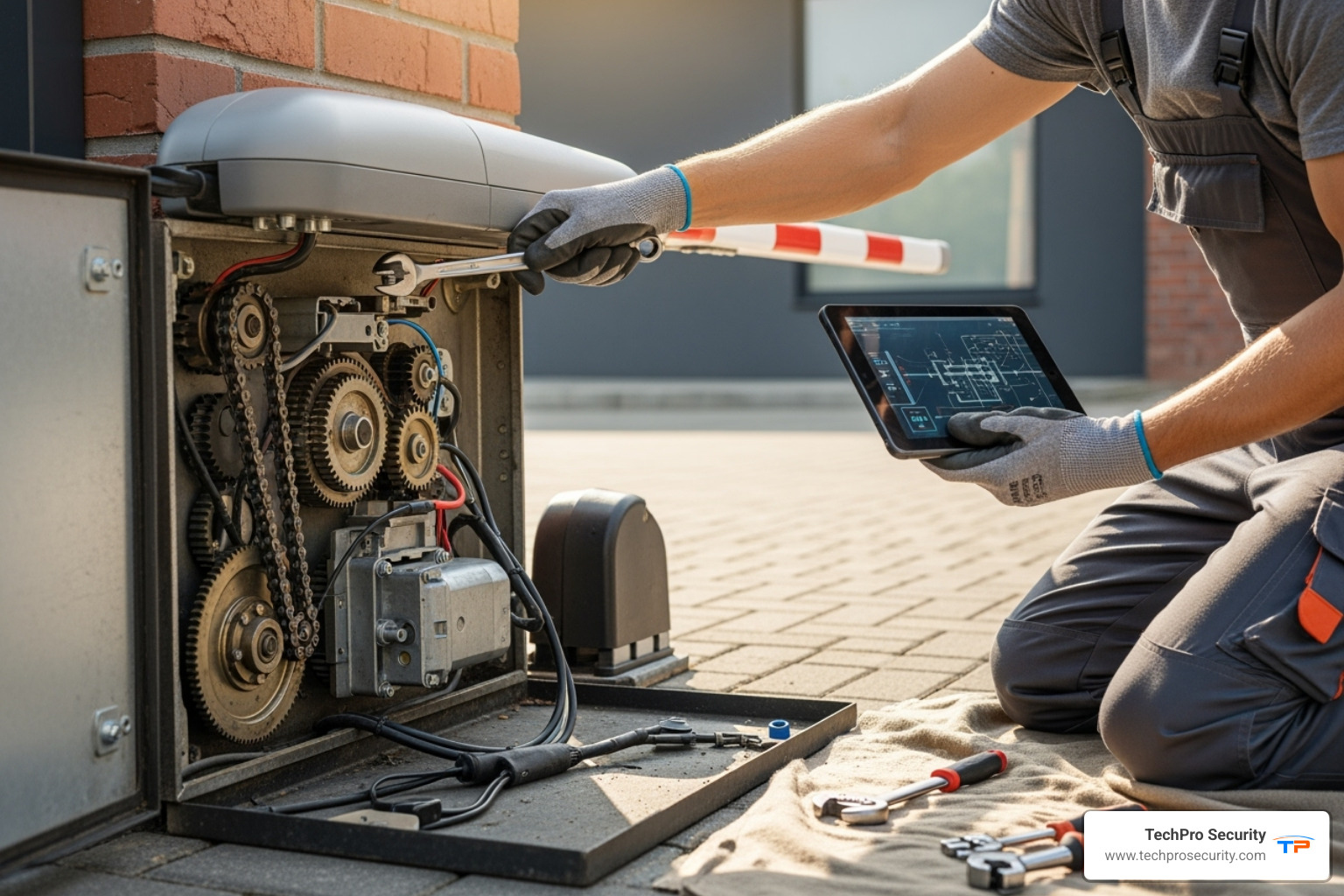 technician performing gate maintenance - auto gate