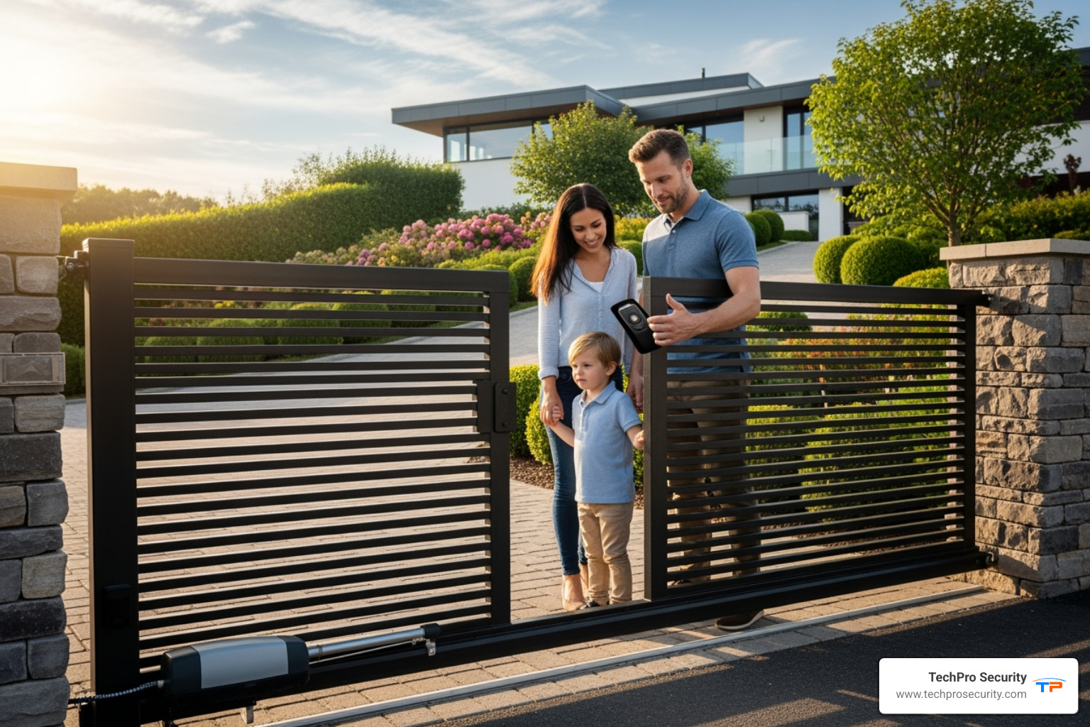 family using remote to open gate - auto gate