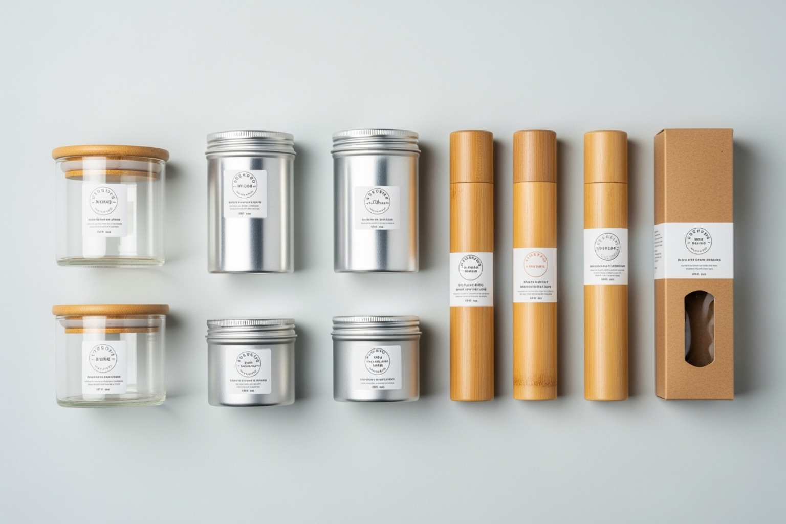 A collection of different sustainable material types including clear glass jars, aluminum tins, bamboo tubes, and paperboard boxes, arranged neatly on a light background. - eco friendly containers for beauty products