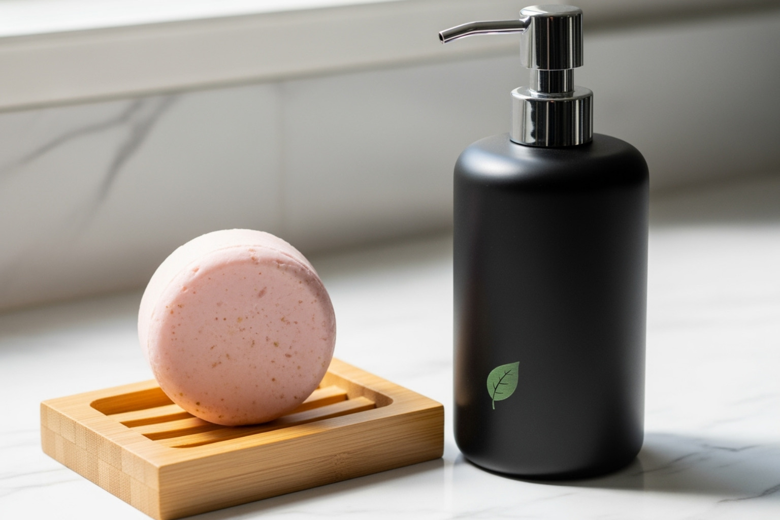 A solid shampoo bar sits on a wooden soap dish next to a sleek, modern refillable lotion dispenser, illustrating innovative approaches to beauty product packaging. - eco friendly containers for beauty products