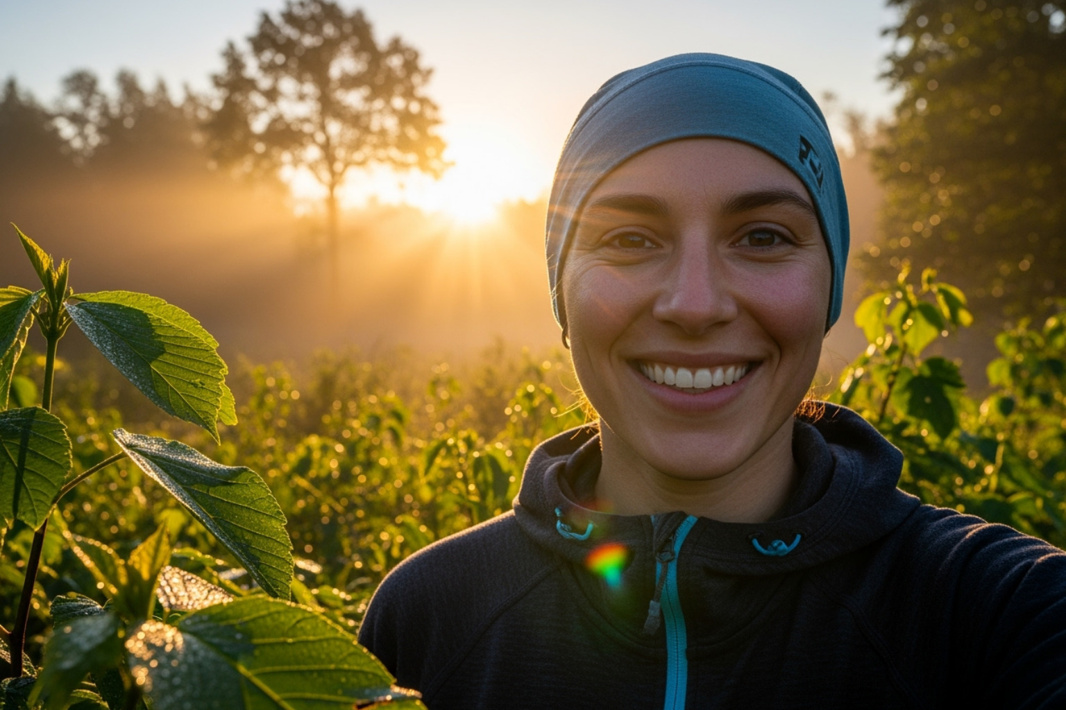 A person with a radiant smile, looking refreshed and content, standing in a lush natural setting like a vibrant forest or a serene beach at sunrise, embodying peace and vitality. - the art of self care