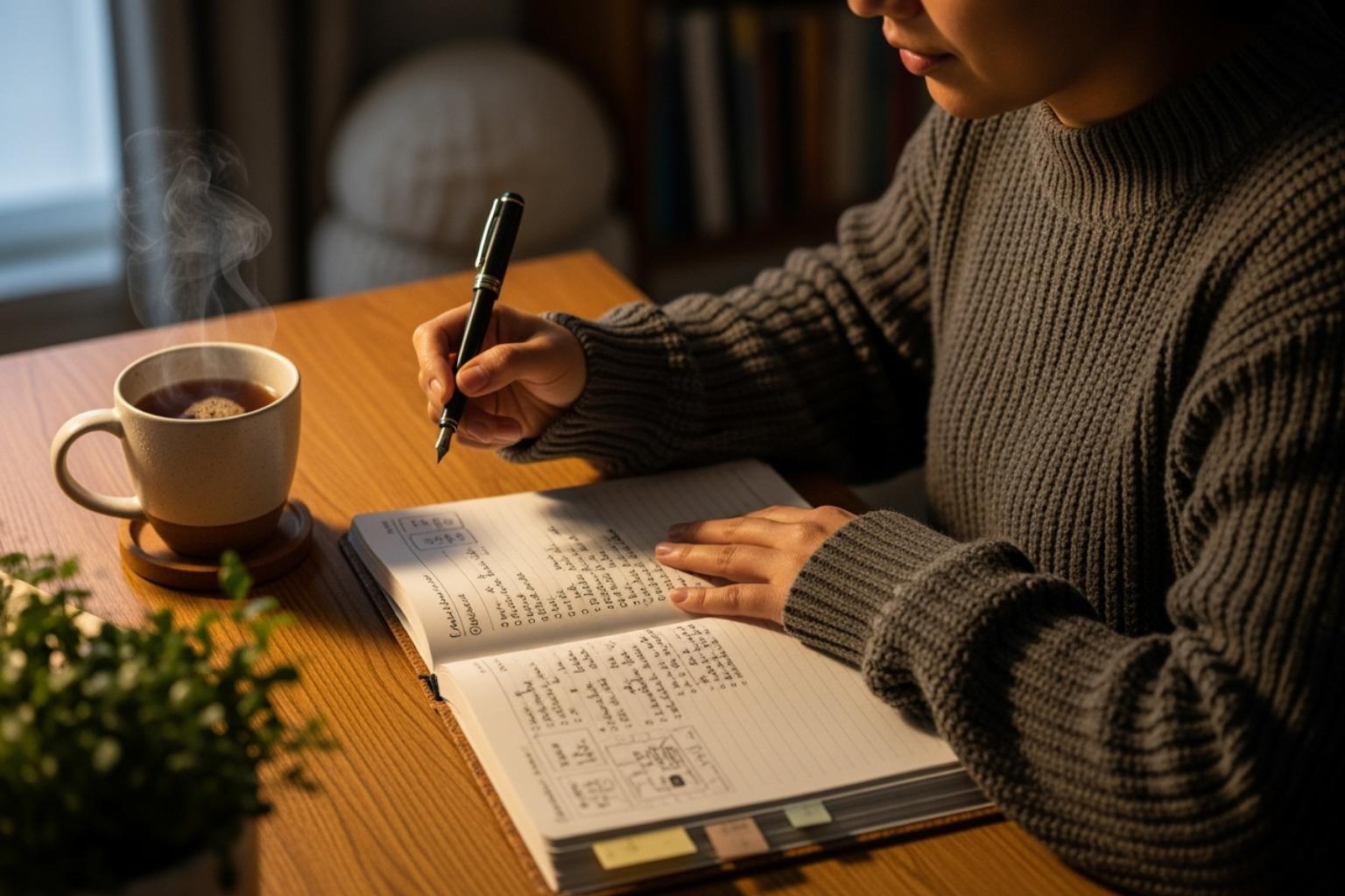 A person sitting comfortably, holding a pen and an open planner or journal, with a thoughtful expression, surrounded by elements like a warm drink, a plant, and soft lighting, symbolizing the process of personal planning and reflection for self-care. - the art of self care