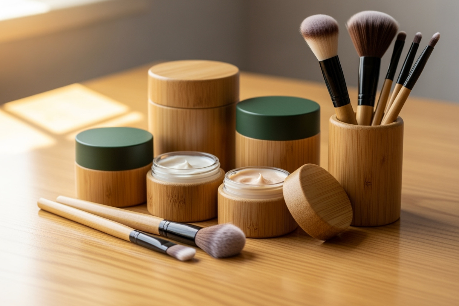 Neat bamboo cosmetic jars and makeup brushes are artfully arranged on a smooth, light wooden surface, showcasing their natural texture and minimalist design. - eco friendly containers for beauty products