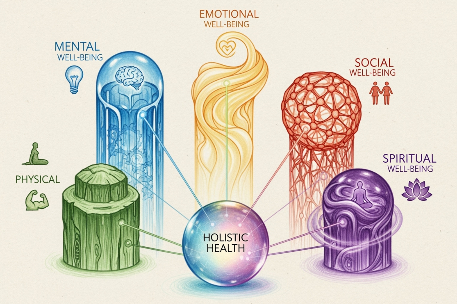 An illustration of the different dimensions of self-care, showing interconnected circles or pillars representing physical, mental, emotional, social, and spiritual well-being, with arrows indicating their influence on each other and contributing to a central concept of holistic health. - the art of self care