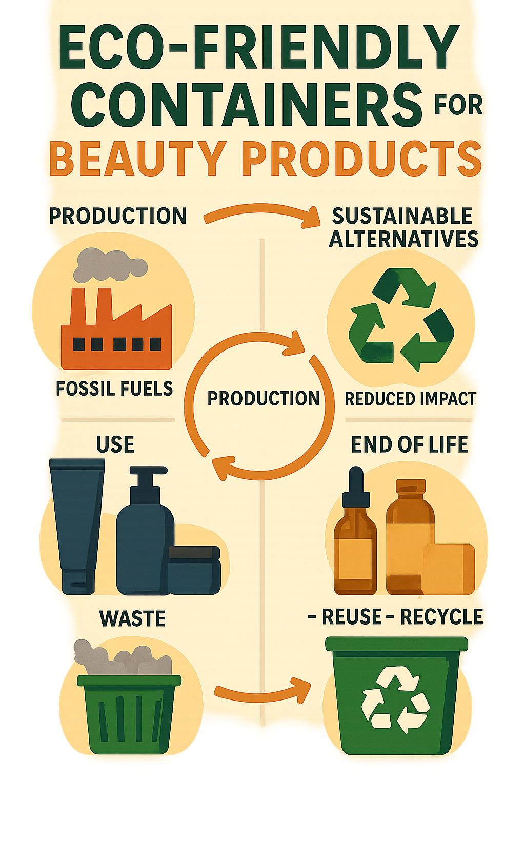 Infographic showing the lifecycle of traditional plastic beauty packaging versus sustainable alternatives, detailing production, usage, and end-of-life impacts, and highlighting how eco-friendly options promote reduction, reuse, and recycling for a circular economy. - eco friendly containers for beauty products infographic 