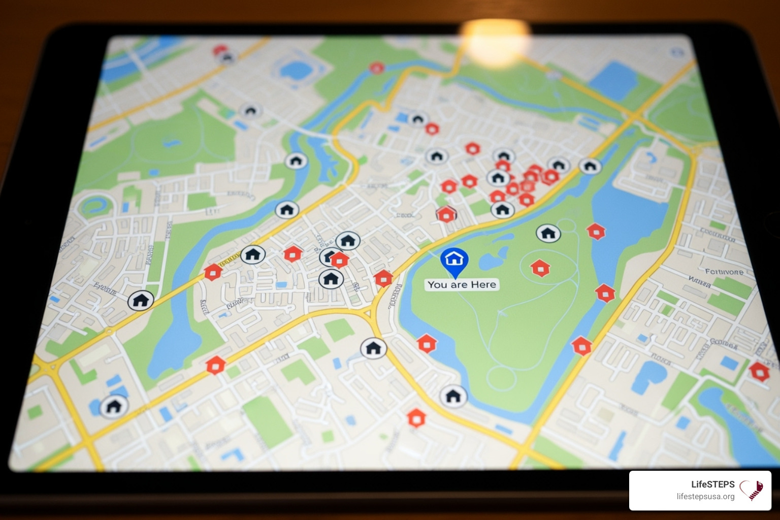 map on a tablet screen showing housing locations - housing voucher apartments near me