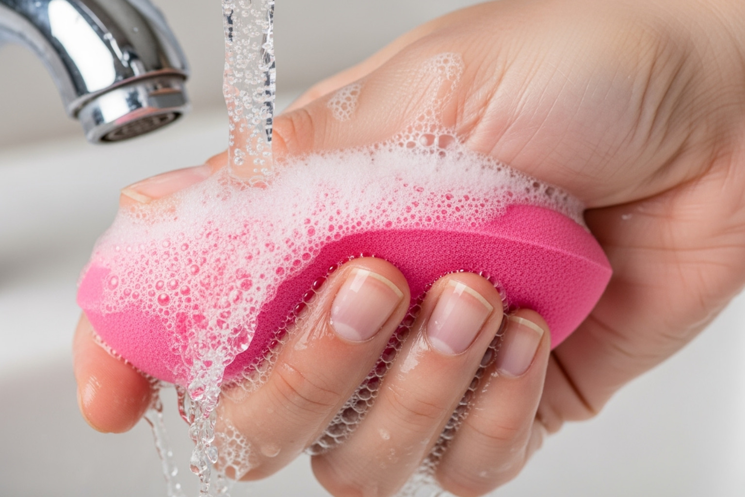 Hand gently squeezing a soapy makeup sponge under running water - reusable makeup sponge