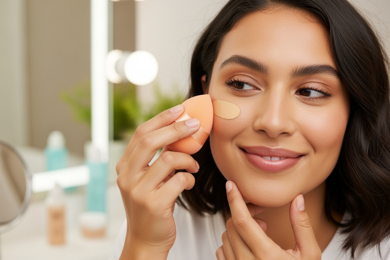 Person smiling while applying foundation with a reusable makeup sponge - reusable makeup sponge