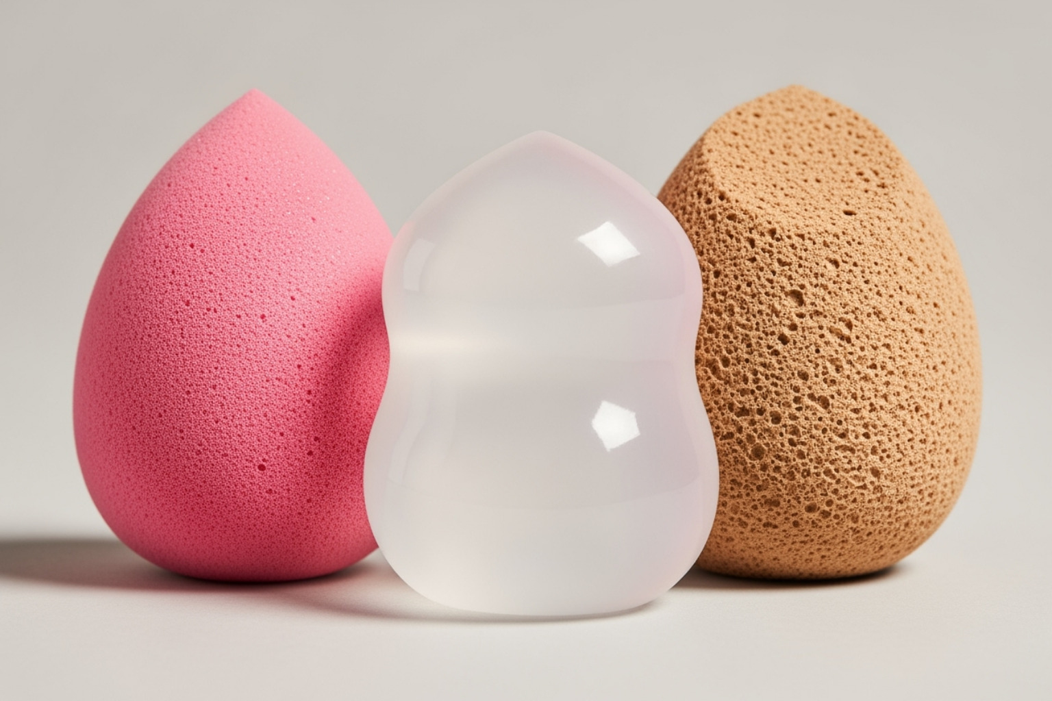 Various types of sponges: a classic teardrop foam sponge, a silicone sponge, and a biodegradable sponge - reusable makeup sponge