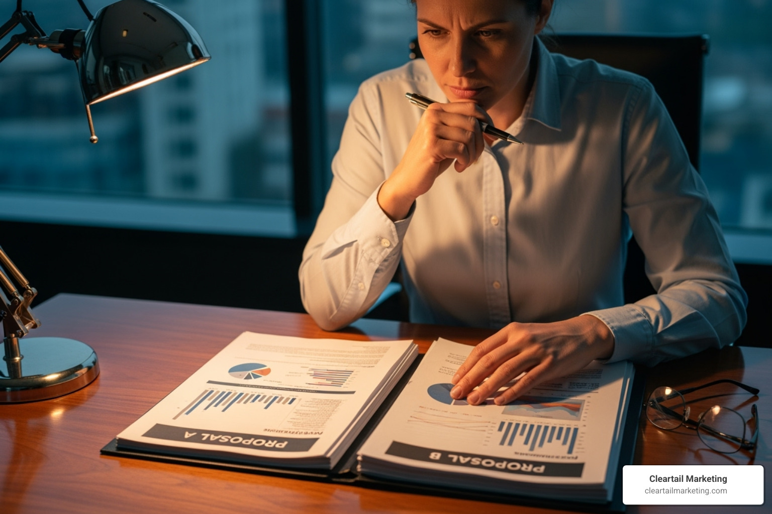 person thoughtfully comparing two agency proposals - digital marketing firms in usa