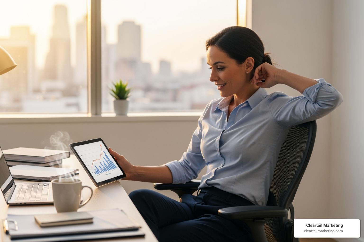 business owner looking relieved - digital marketing firms in usa